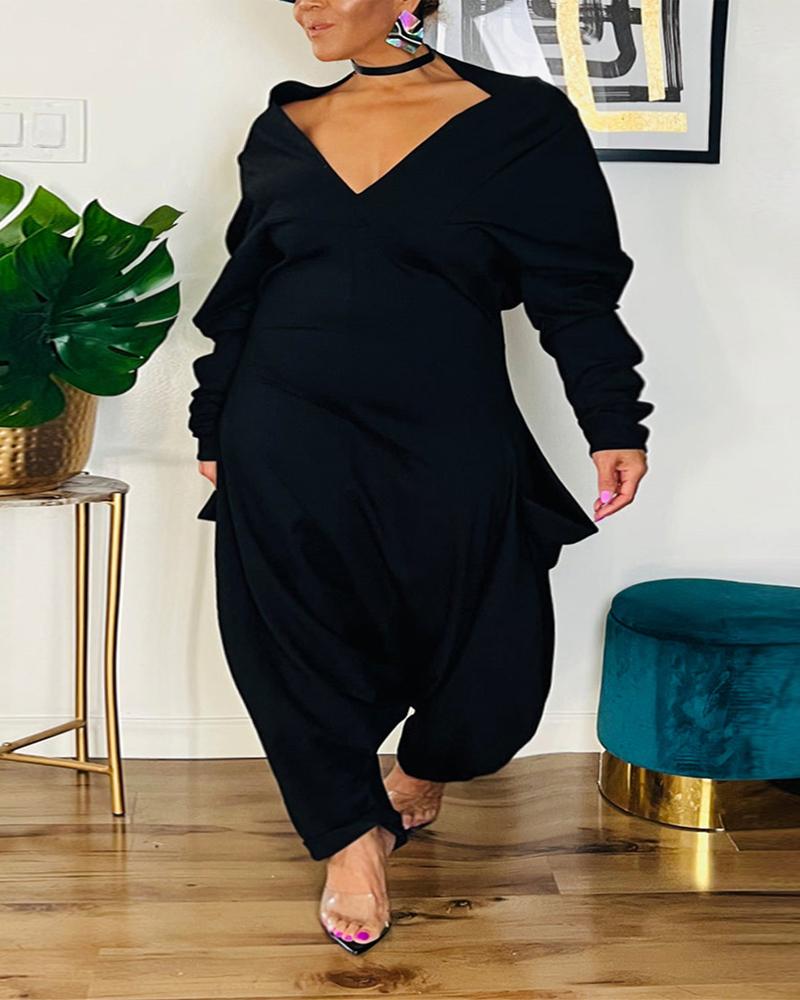 

Plus Size Multi-way Wear Pocket Design Harem Jumpsuit, Black
