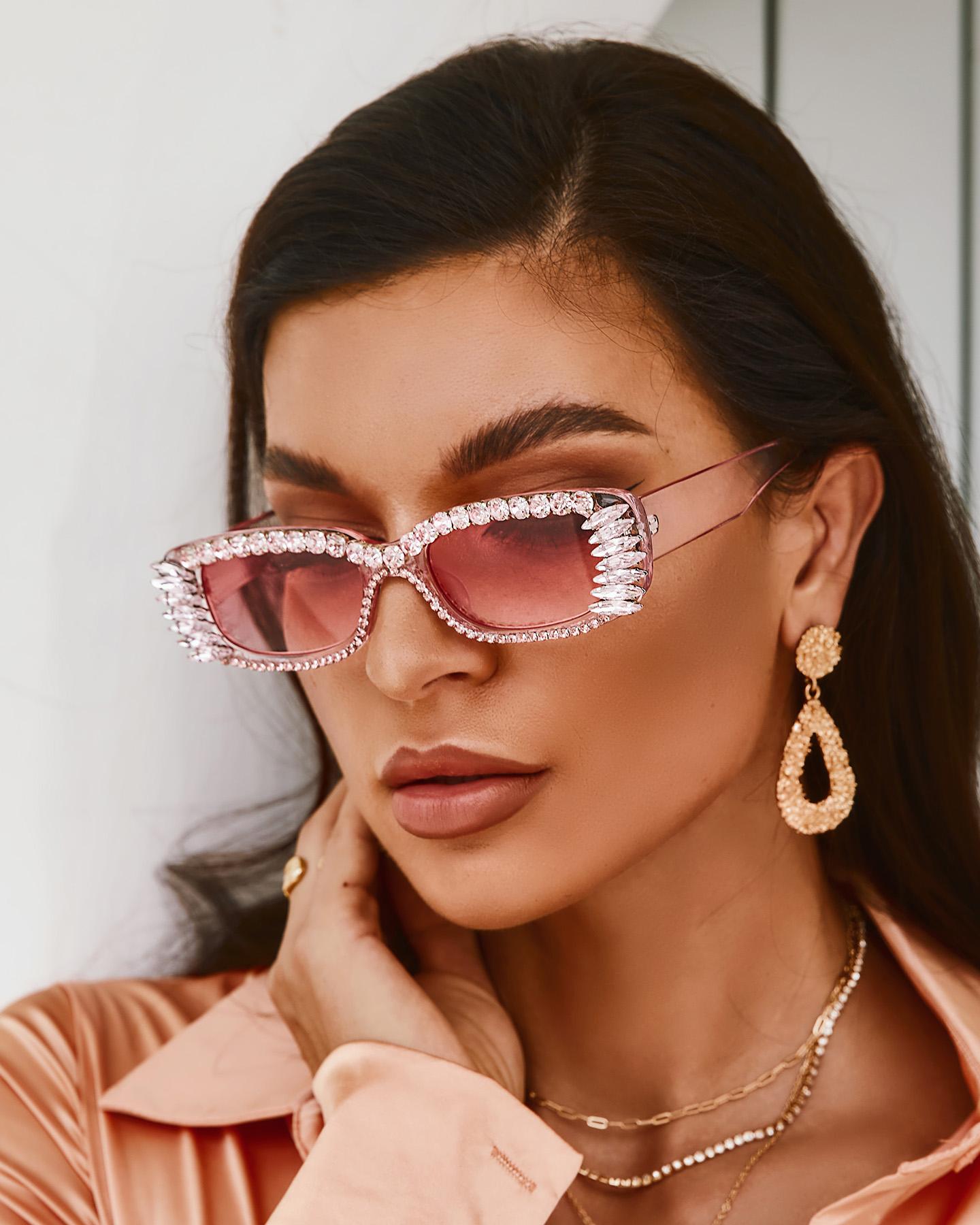 

1Pair Rectangle Frame Rhinestone Decor Tinted Lens Sunglasses, Pink