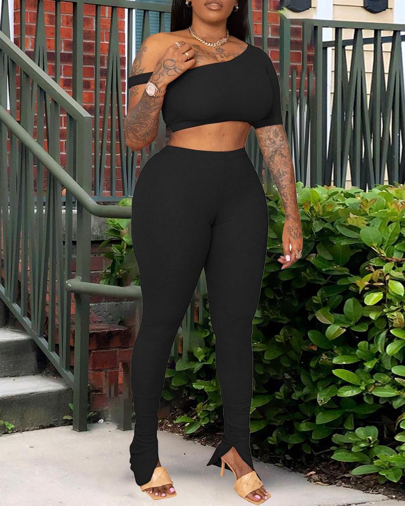 

Solid Color One Shoulder Short Sleeve Cropped Top With Pants Suit Sets, Black