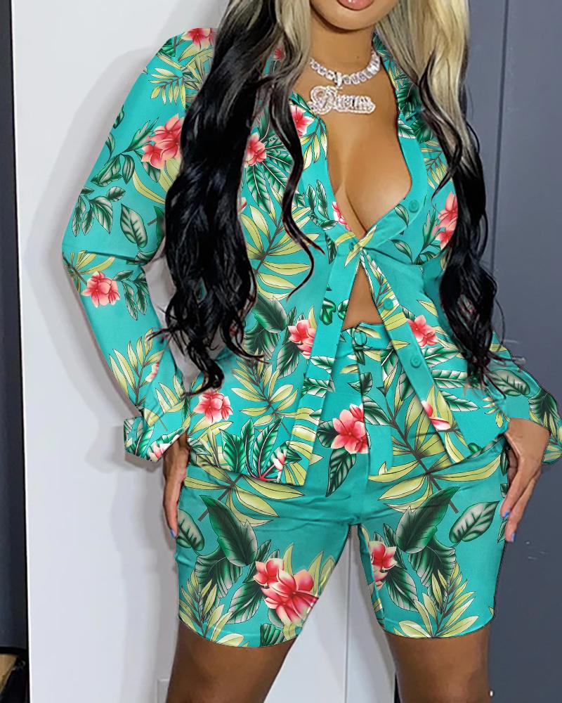 

Tropical Print Knoted Shirt & Pocket Design Shorts Set, Green