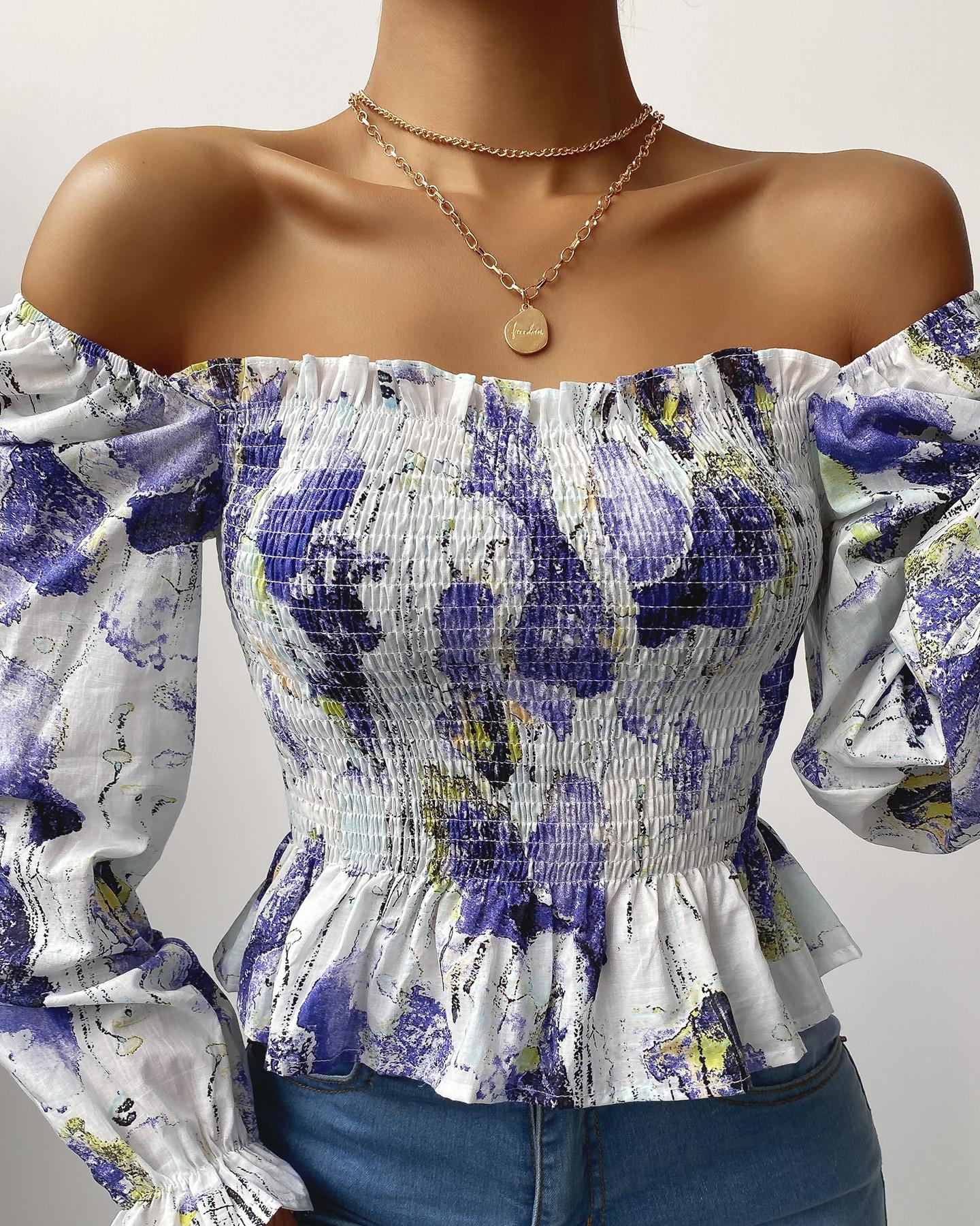 

Floral Print Shirring Detail Frill Hem Top, Multicolor