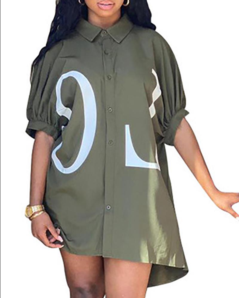 

Letter Print Puff Sleeve Buttoned Casual Dress, Green