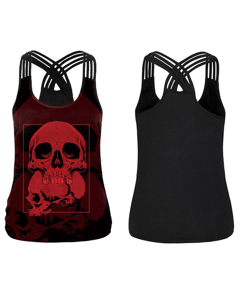 

Halloween Skull Print Multi Strap Tank Top, Black