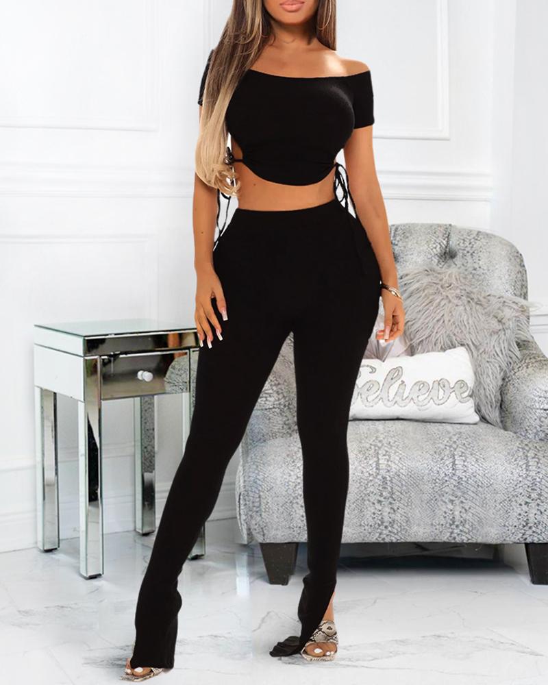 

Drawstring Crop Top & Slit High Waist Pants Set, Black