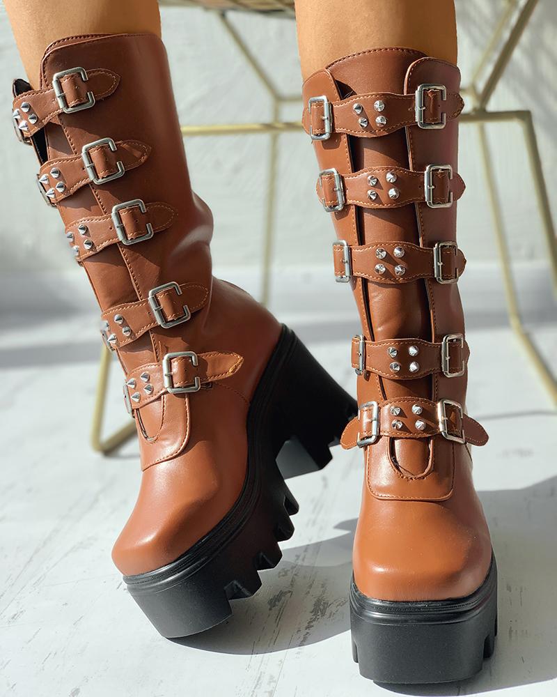 

Buckled Studded Decor Platform Chunky Long Boots, Light brown