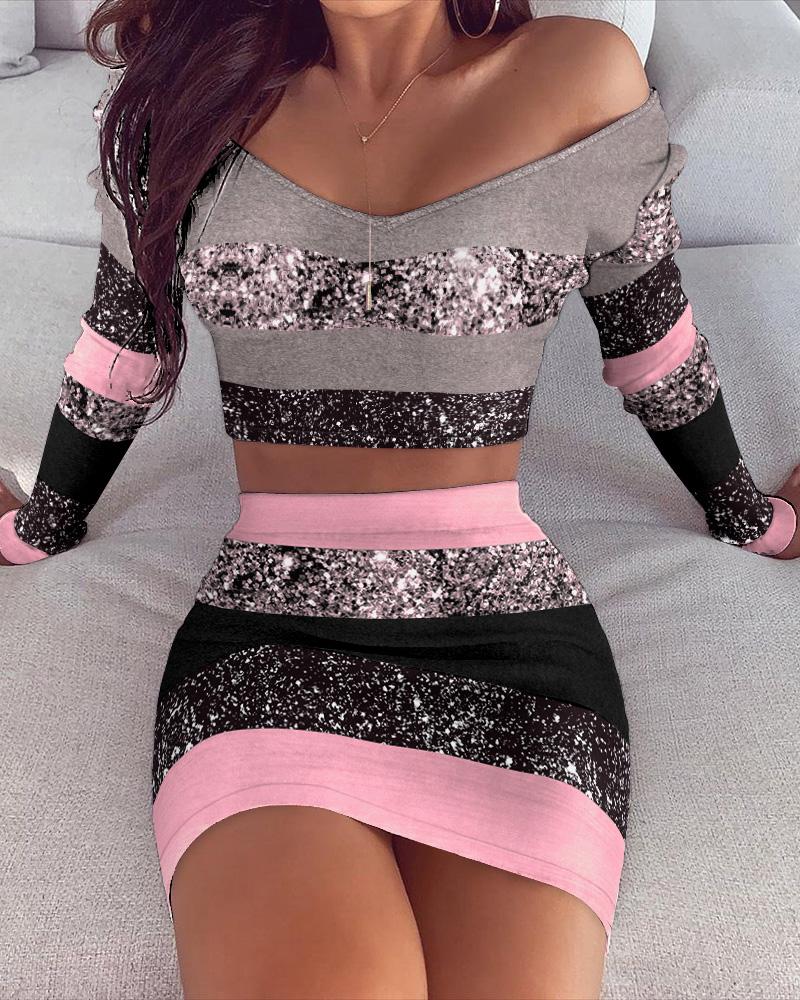 

Colorblock Striped Print Long Sleeve Crop Top & Skirt Set, Pink