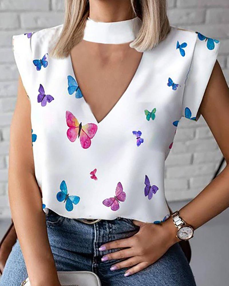 

Halter Cutout Front Butterfly Print Top, White