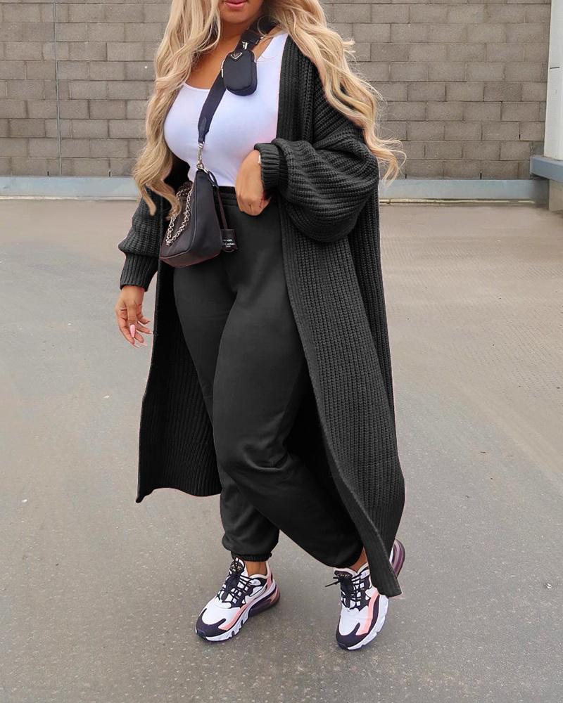 

Lantern Sleeve Open Front Chunky Knit Longline Cardigan, Black