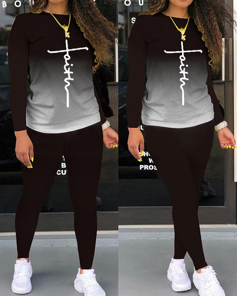 

Plus Size Letter Print Ombre Long Sleeve Top & Pants Set, Black