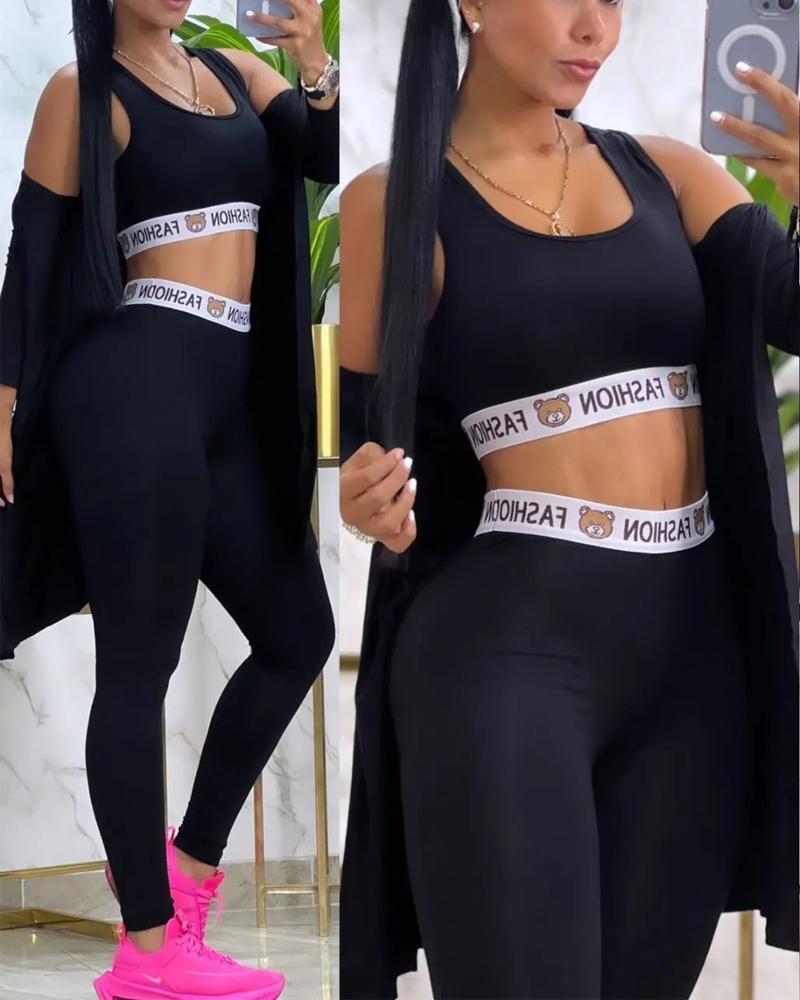 

Letter Bear Print Contrast Paneled Crop Top & Pants Set With Coat, Black