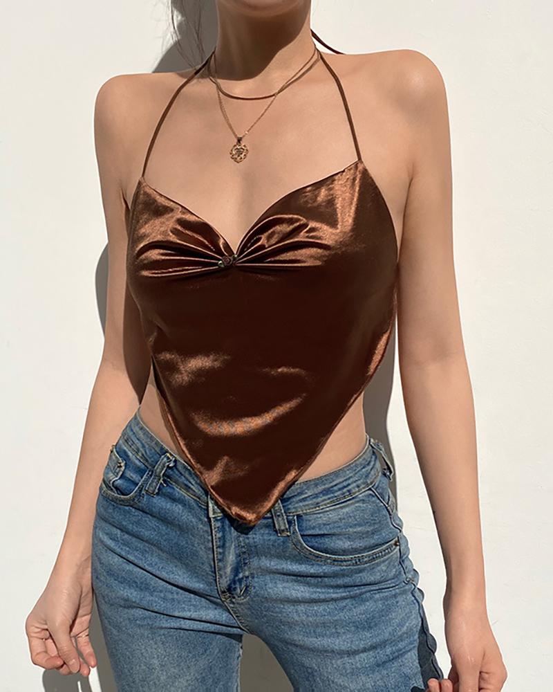 

Halter Ruched Backless Handkerchief Tank Top, Brown