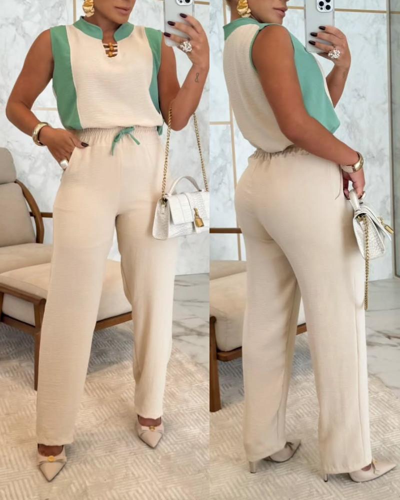 

2 Piece Contrast Binding Sleeveless Top Drawstring Tied Detail Wide Leg Pants Casual Pants Set, Apricot