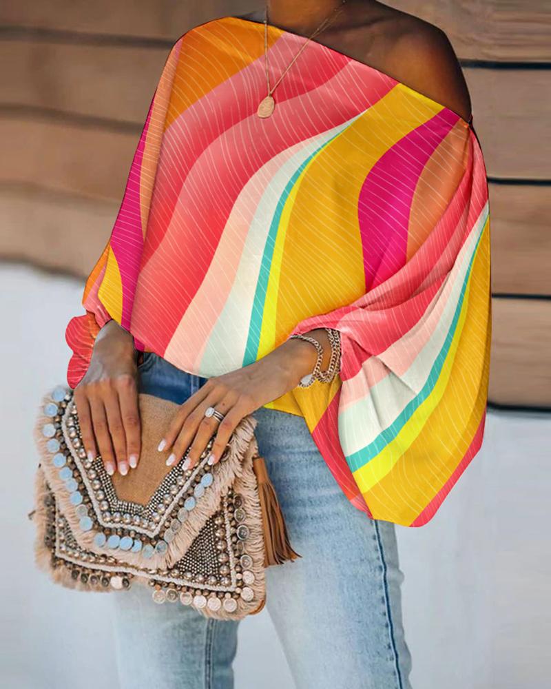 

Colorblock Skew Neck Lantern Sleeve Top, Multicolor