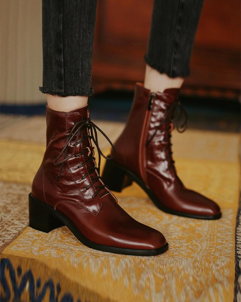 

Square Toe Side Zipper Lace-up Chunky Boots, Brown