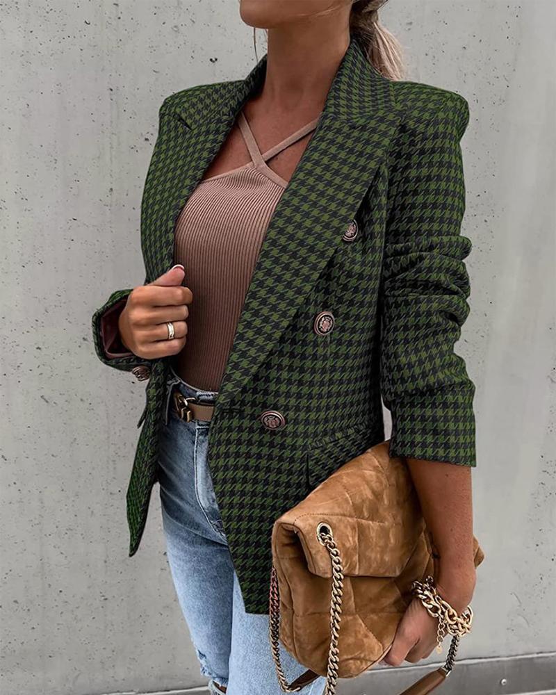 

Houndstooth Print Long Sleeve Double Breasted Blazer, Green