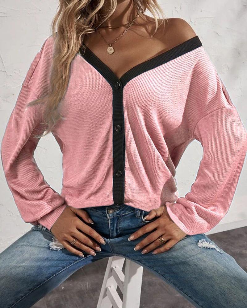 

Contrast Paneled Button Front Long Sleeve Top, Pink