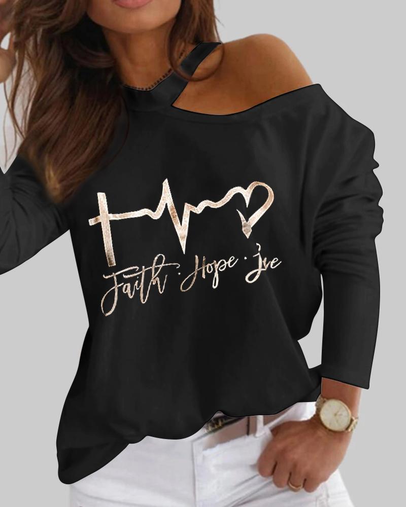 

Letter Print One Shoulder Long Sleeve Top, Black