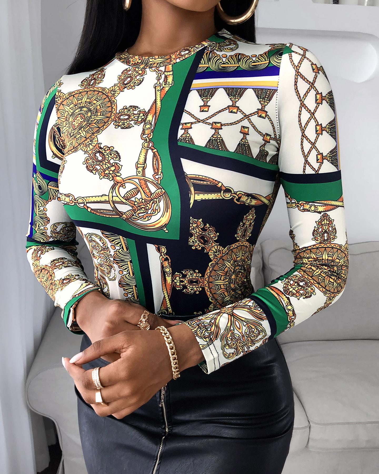 

Scarf Print Colorblock Long Sleeve Top, Multicolor