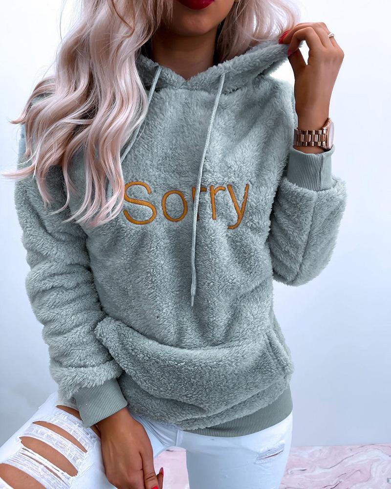 

Letter Embroidery Long Sleeve Fluffy Hooded Sweatshirt, Gray