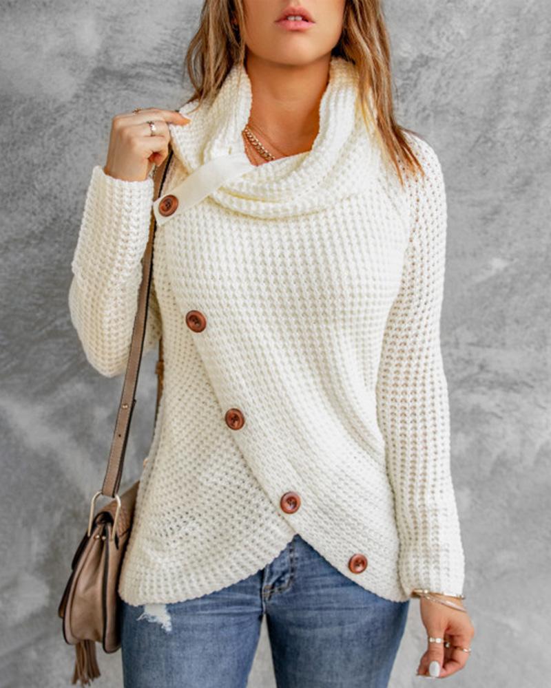 

Strap Decor Mock Neck Buttoned Asymmetrical Sweater, White