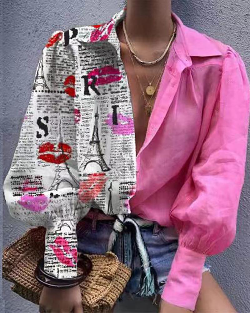 

Newspaper Print Colorblock Lantern Sleeve Top, Pink