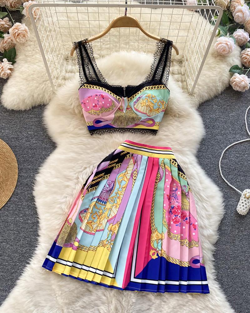 

Crochet Lace Baroque Print Tank Top & Pleated Skirt Set, Pink