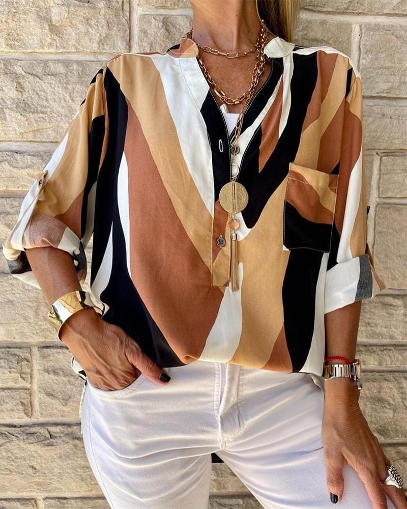 

Abstract Print Button Pocket Design Top, Khaki