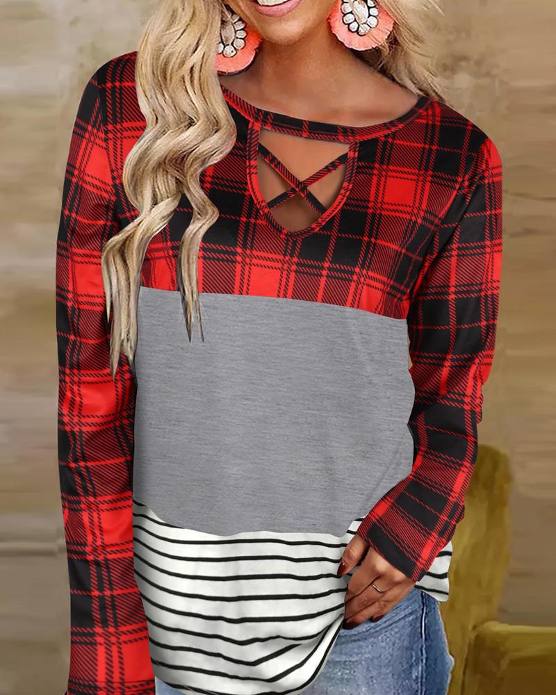 

Colorblock Plaid Print Long Sleeve Casual Top, Gray