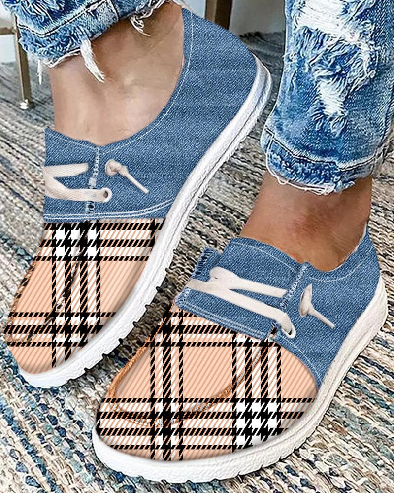 

Plaid Print Colorblock Lace-up Slip On Sneakers, Blue