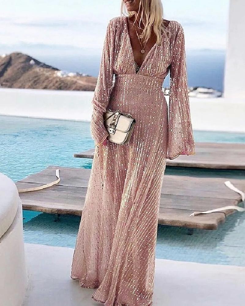 

Long Sleeve Plunge Sequin Dress, Pink