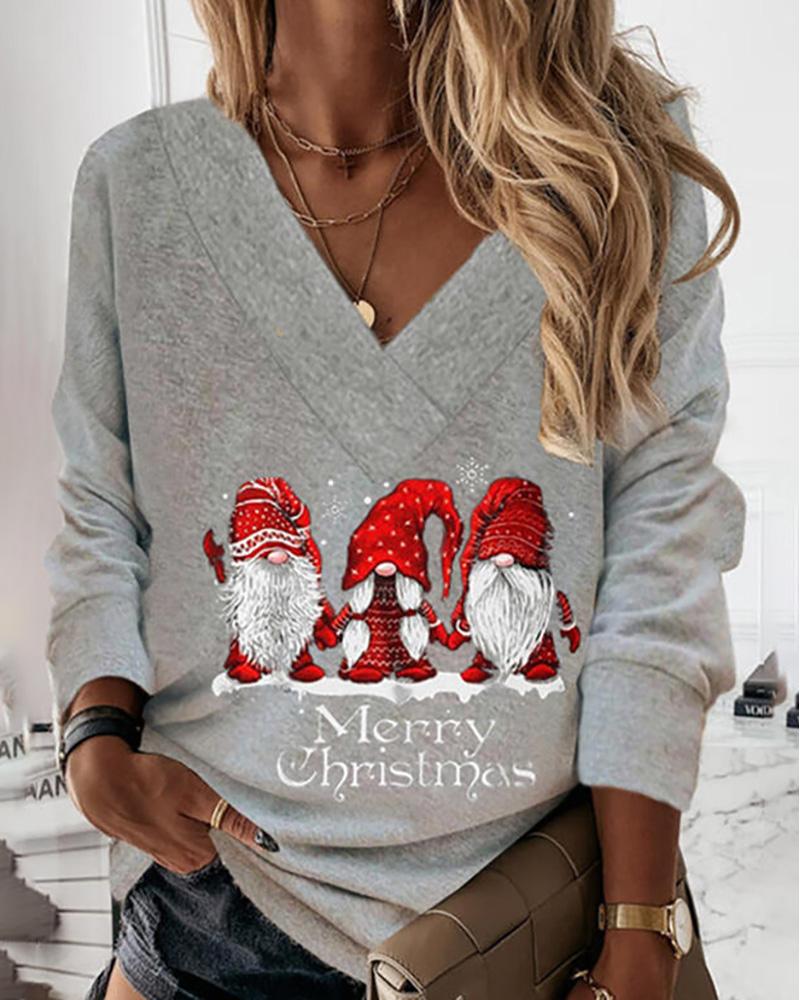 

Christmas V Neck Santa Letter Print Casual Top, Gray