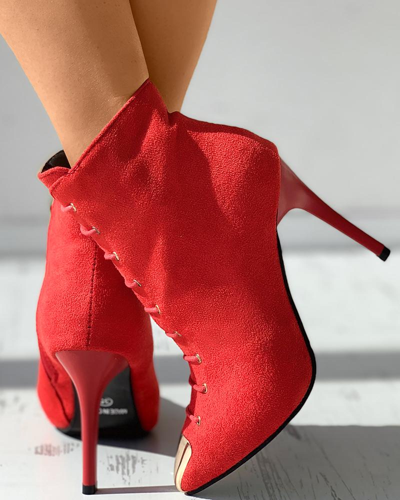 

Metal Decor Eyelet Pointed Toe Stiletto Heels, Red