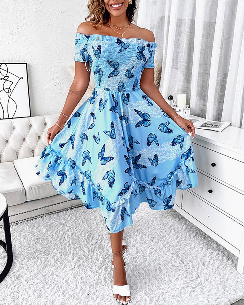 

Off Shoulder Frill Hem Butterfly Print Dress, Blue