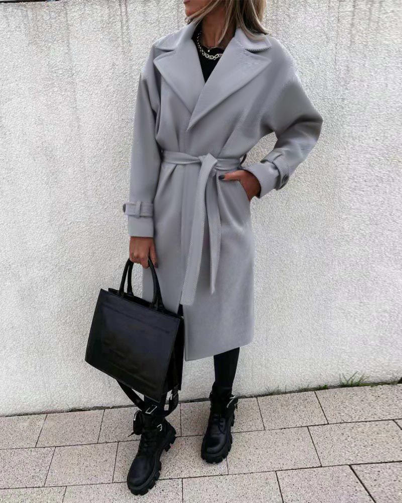 

Plain Button Detail Belted Longline Coat, Gray