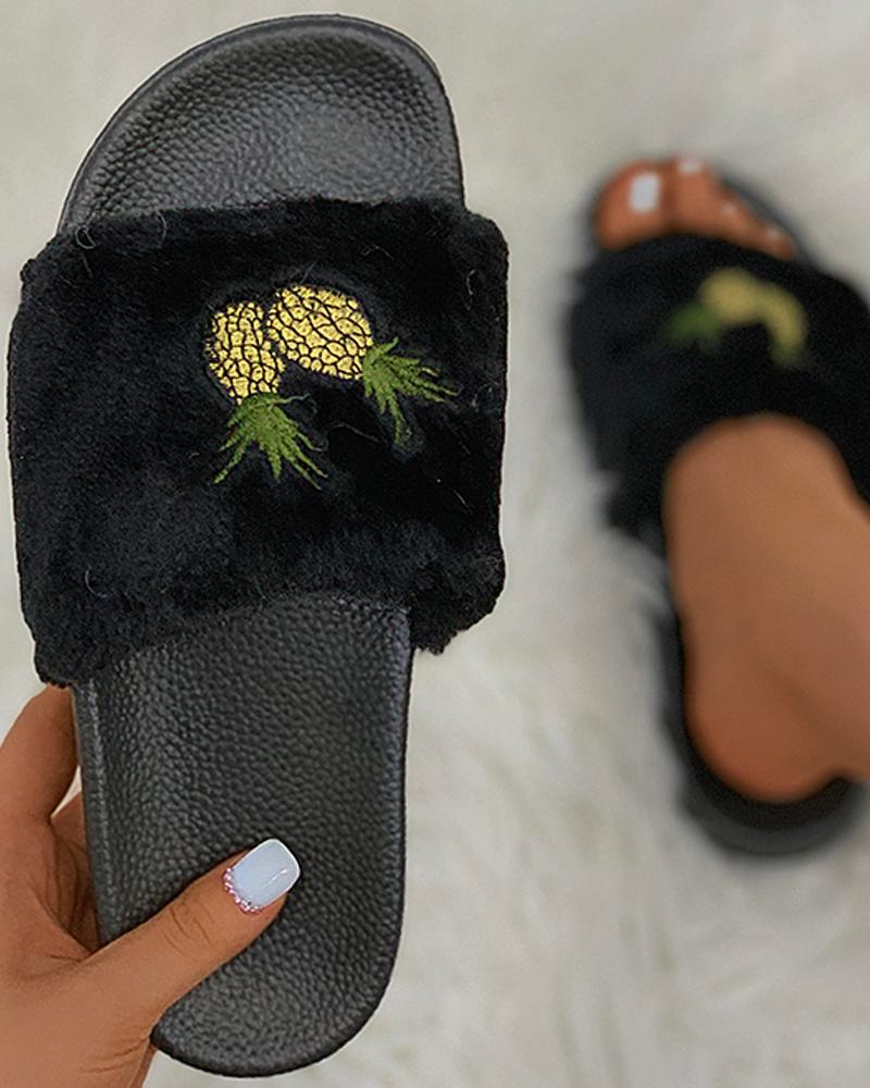 

Pineapple Embroidery Fluffy Slippers, Black