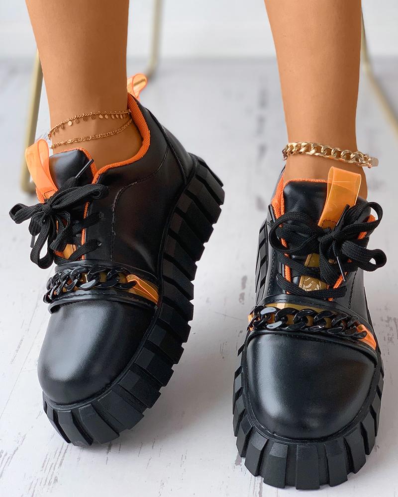 

Chain Strap Lace-up Front Flatform Sneaker, Black