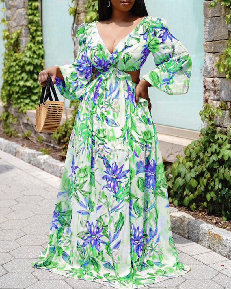 

Leaf Floral Print Puff Lantern Sleeve Maxi Dress, Green