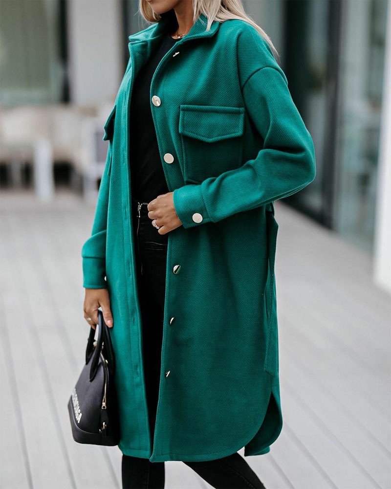 

Long Sleeve Flap Detail Button Up Belted Shacket, Green