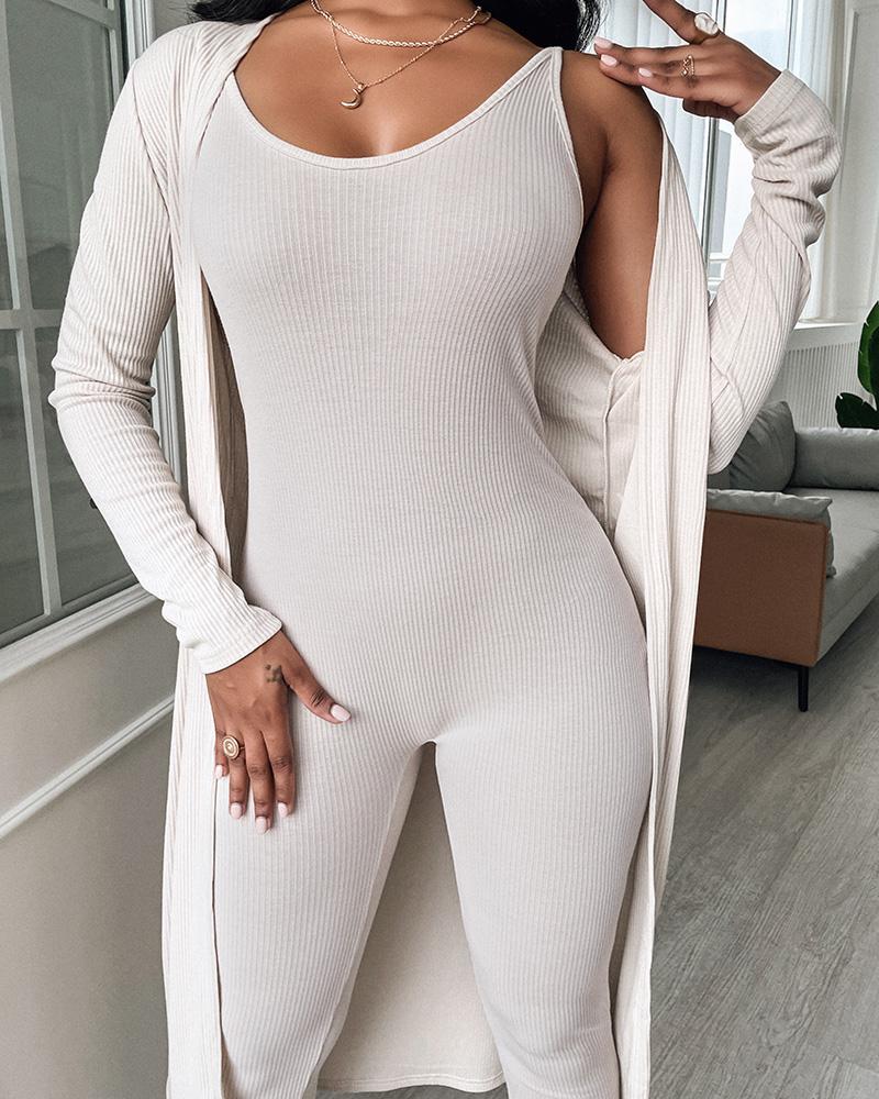 

Ribbed Sleeveless Skinny Jumpsuit With Longline Cardigan, Apricot