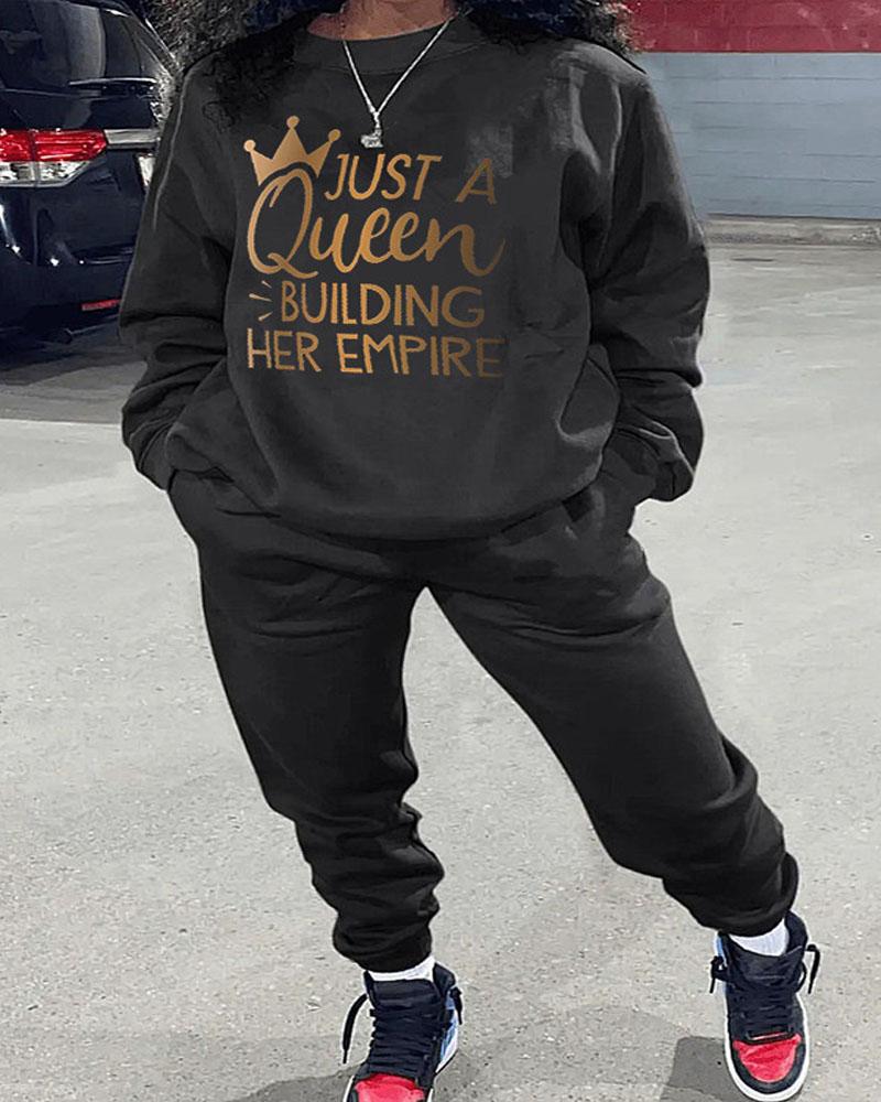 

Plus Size Letter Print Long Sleeve Casual Top & Pants Set, Black