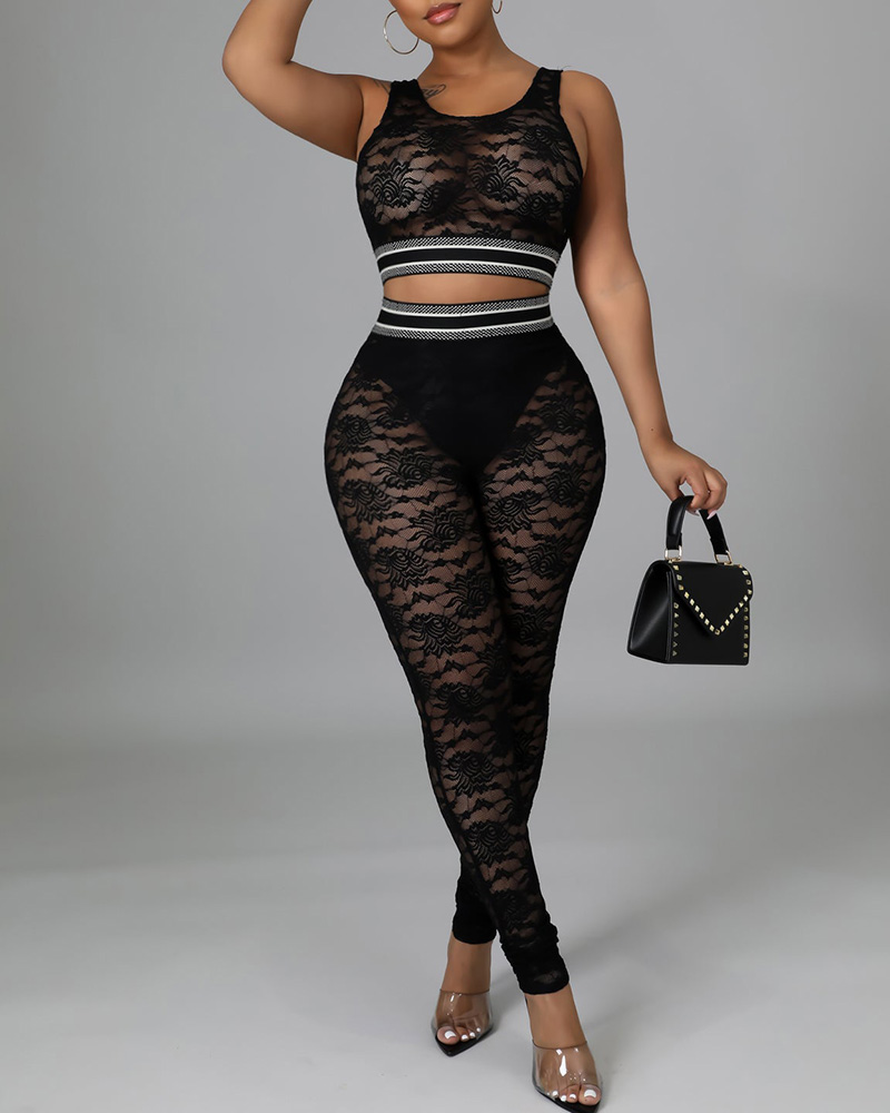 

Crochet Lace Striped Tank Top & High Waist Pants Set, Black