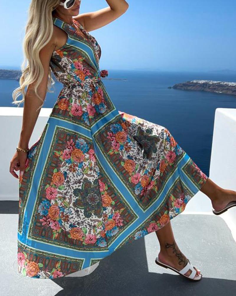 

Scarf Floral Print Sleeveless Belted Wrap Dress, Blue