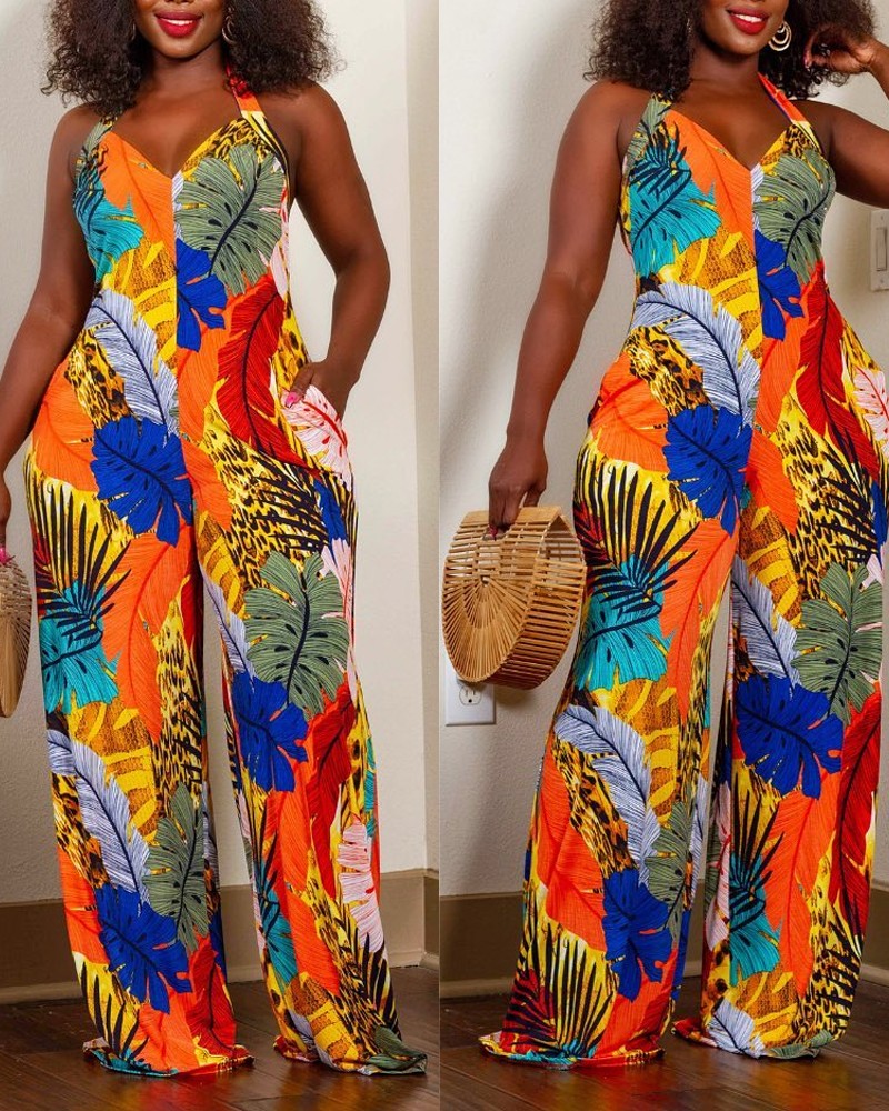 Tropical Print Halter Sleeveless Jumpsuits main image 1