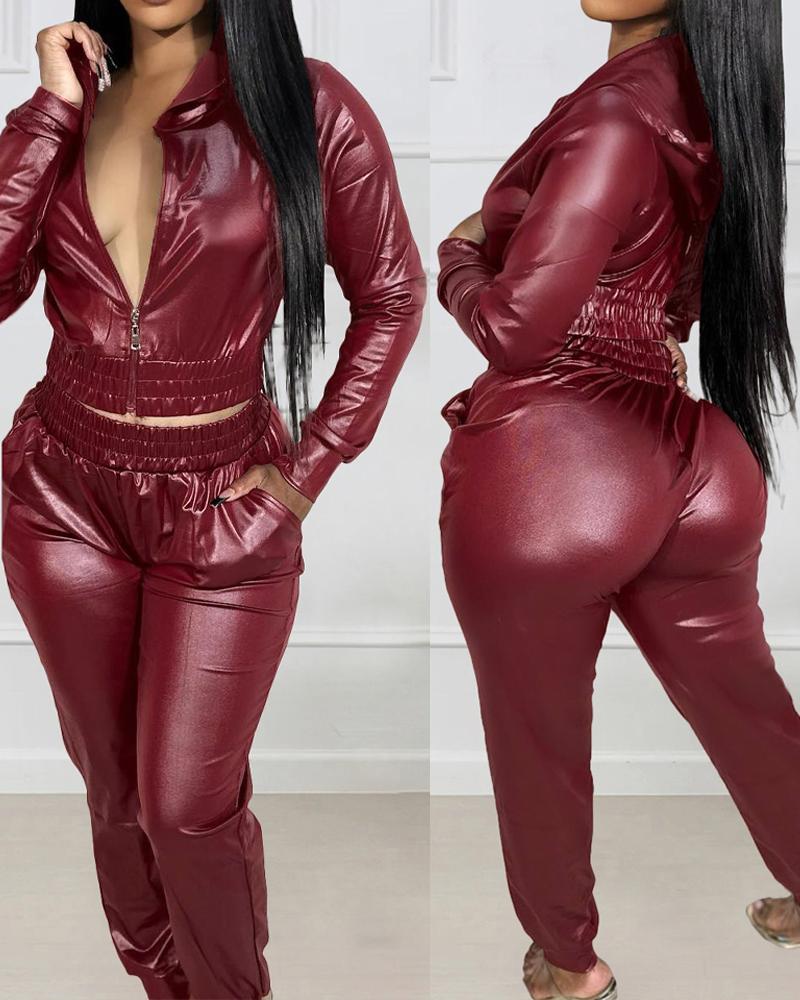 

Zipper Design PU Leather Top & Pants Set, Wine red