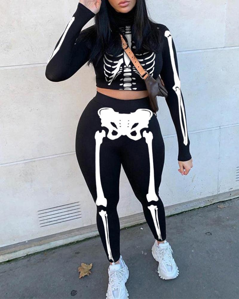 

Skeleton Print Crop Top & High Waist Pants Set, Black