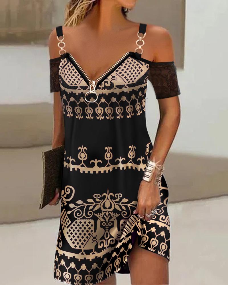

Tribal Print Contrast Lace Cold Shoulder Casual Dress, Black