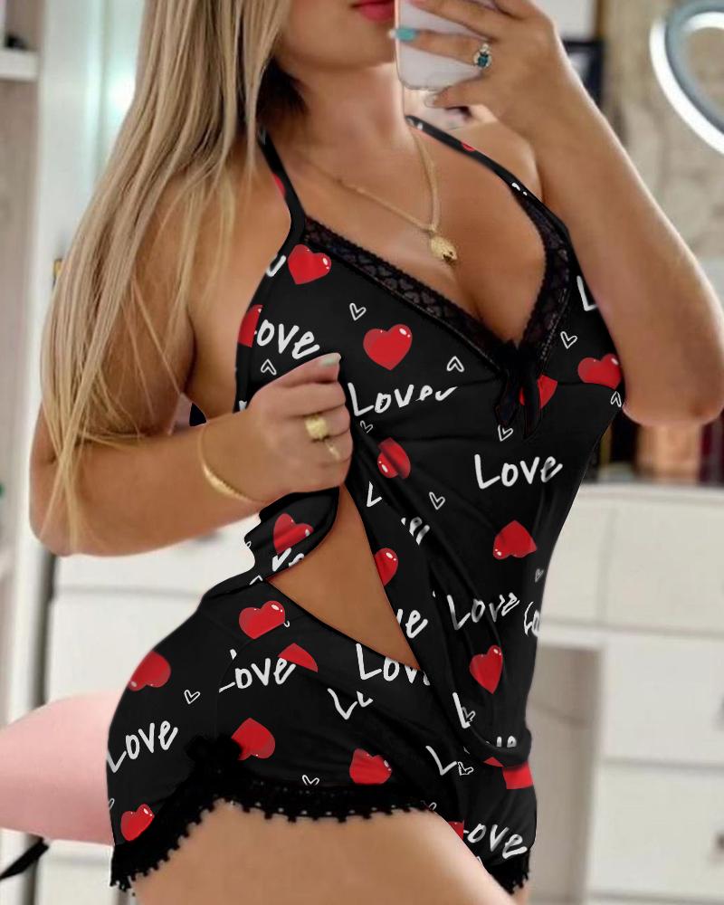

Two Piece Sets Heart Letter Print Lace Trim Bowknot Decor Cami Set Casual V-Neck Cami Set, Black