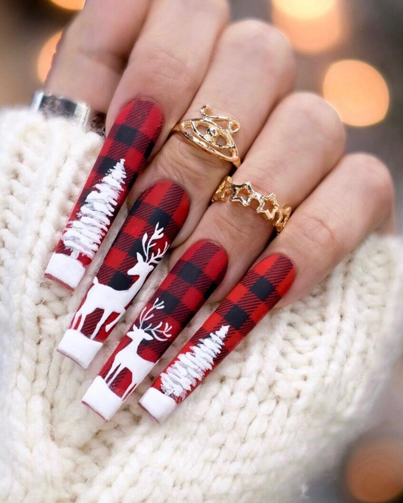

24pcs Christmas Plaid Elk Matte Press On Coffin Fake Nails Set, Wine red