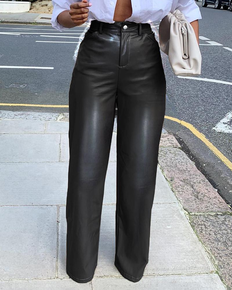 

High Waist Wide Leg PU Leather Pants, Black