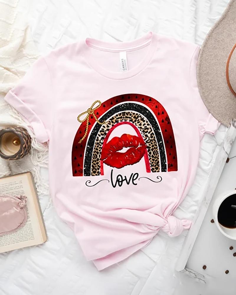 

Valentine' Day Cheetah Lip Letter Print T-shirt, Pink